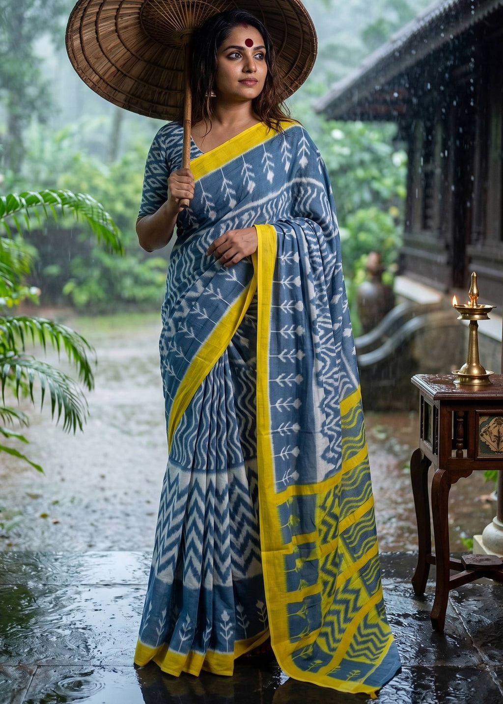 PURE SOFT MULMUL COTTON HAND BLOCK IKKAT PRINT GREY SAREE WITH BLOUSE