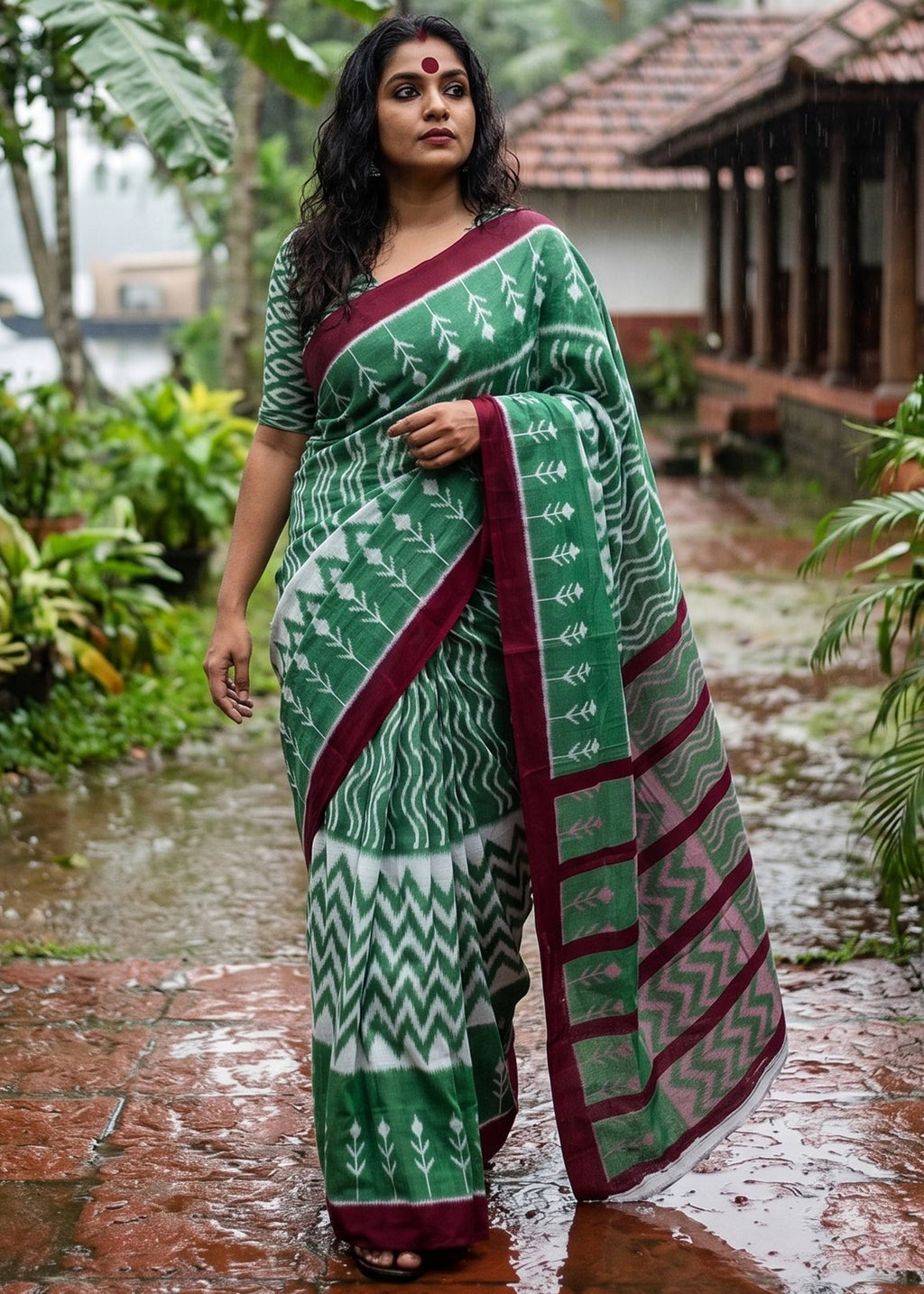PURE SOFT MULMUL COTTON HAND BLOCK IKKAT PRINT GREEN SAREE WITH BLOUSE