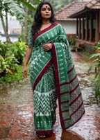 PURE SOFT MULMUL COTTON HAND BLOCK IKKAT PRINT GREEN SAREE WITH BLOUSE
