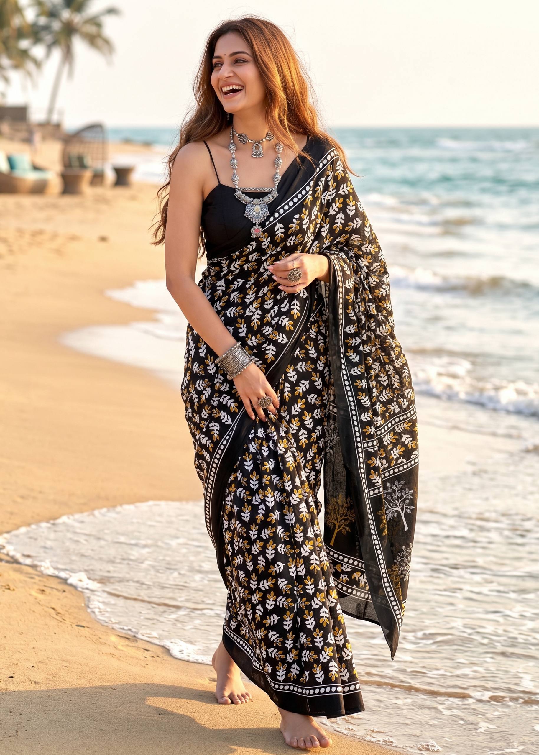 PURE MULMUL COTTON HAND PRINT BLACK SAREE WITH BLOUSE