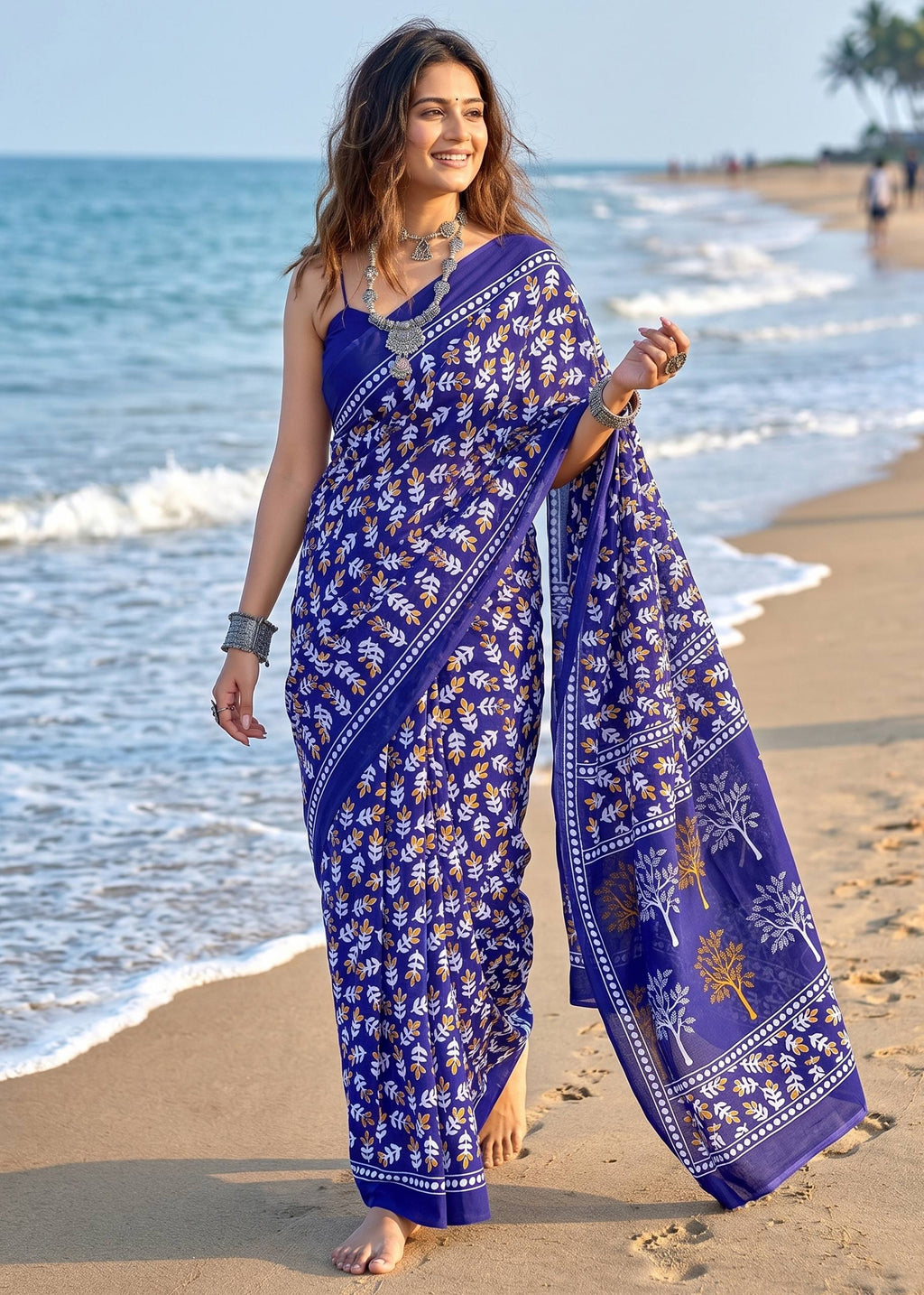 PURE MULMUL COTTON HAND PRINT VIOLET SAREE WITH BLOUSE