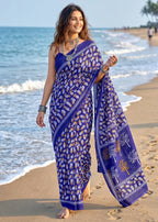 PURE MULMUL COTTON HAND PRINT VIOLET SAREE WITH BLOUSE