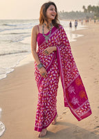 PURE MULMUL COTTON HAND PRINT PINK SAREE WITH BLOUSE