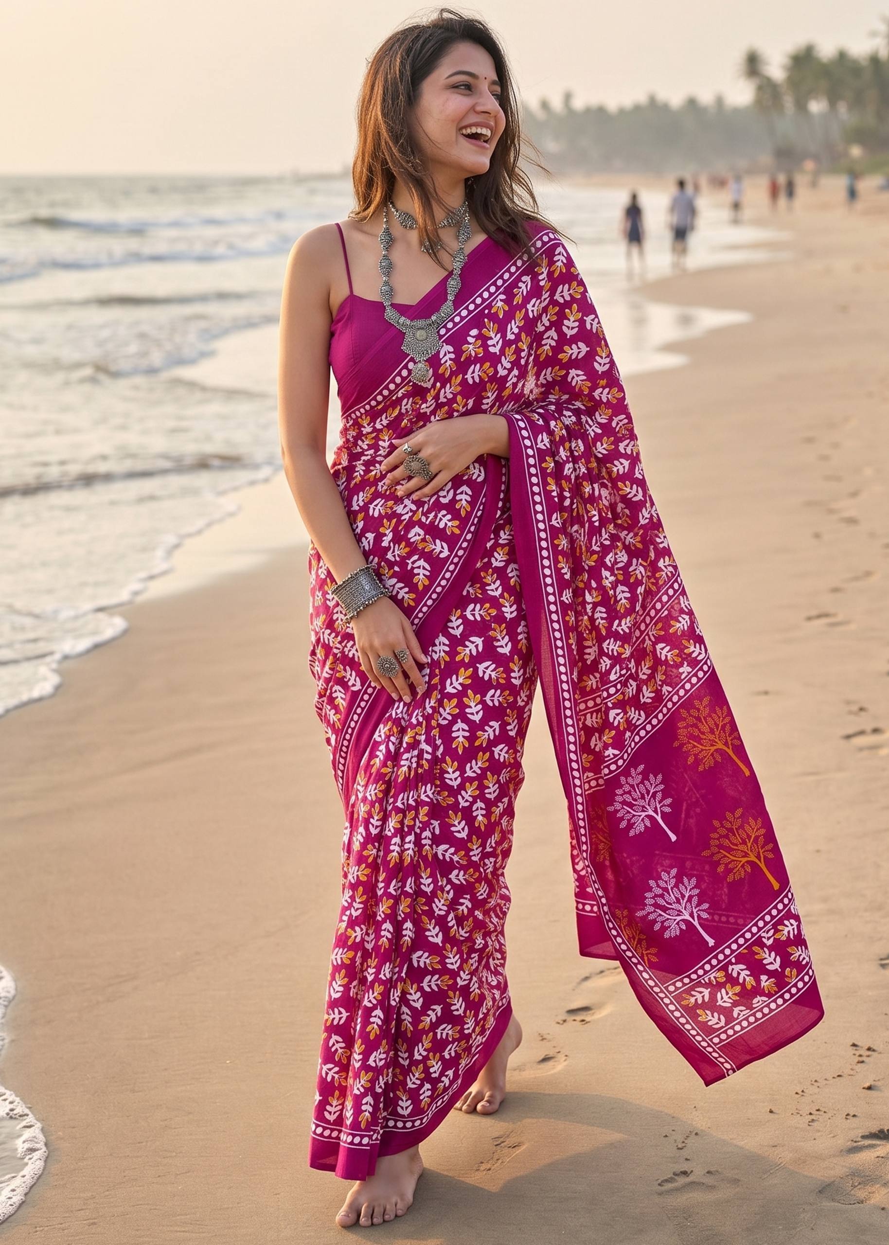 PURE MULMUL COTTON HAND PRINT PINK SAREE WITH BLOUSE