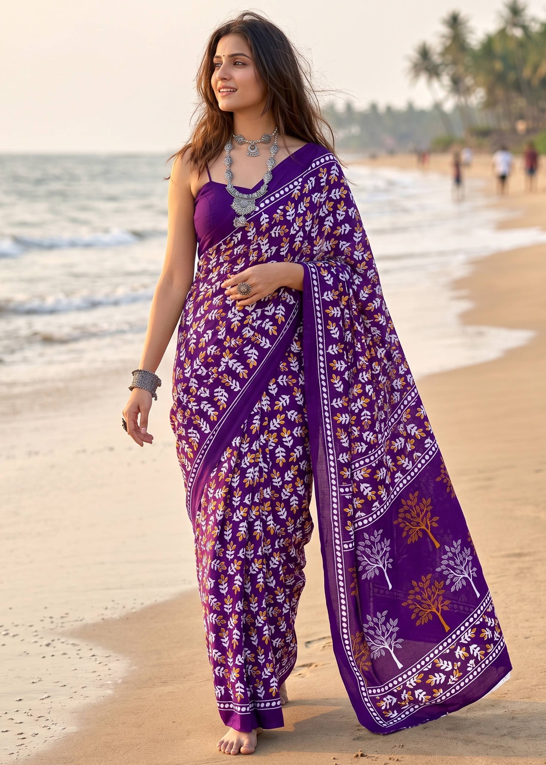 PURE MULMUL COTTON HAND PRINT INDIGO COLOR SAREE WITH BLOUSE