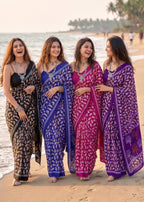 PURE MULMUL COTTON HAND PRINT INDIGO COLOR SAREE WITH BLOUSE
