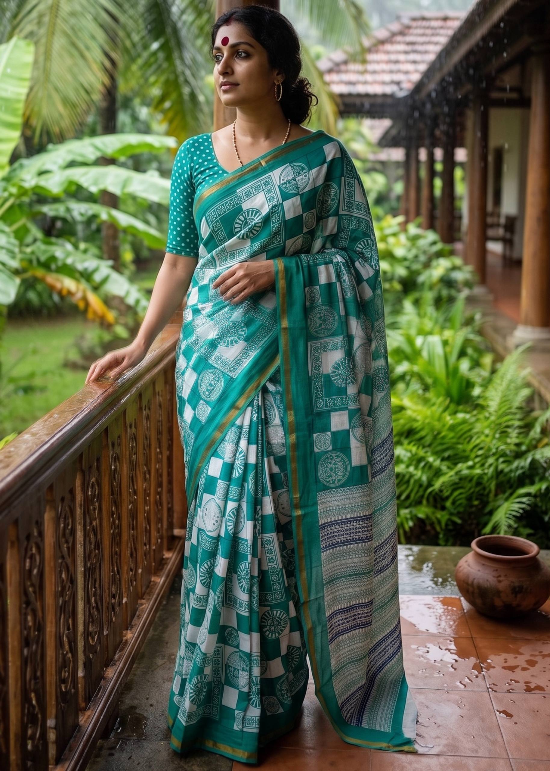 BAGRU BLOCK PRINT SOFT MASLIN COTTON ZARI BORDER TEAL SAREE WITH BLOUSE