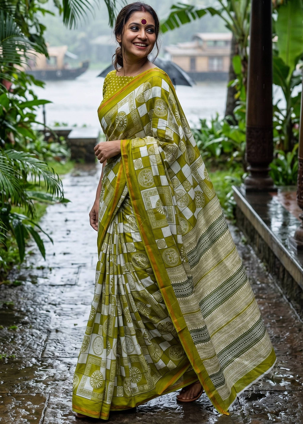 BAGRU BLOCK PRINT SOFT MASLIN COTTON ZARI BORDER MEHANDI GREEN SAREE WITH BLOUSE
