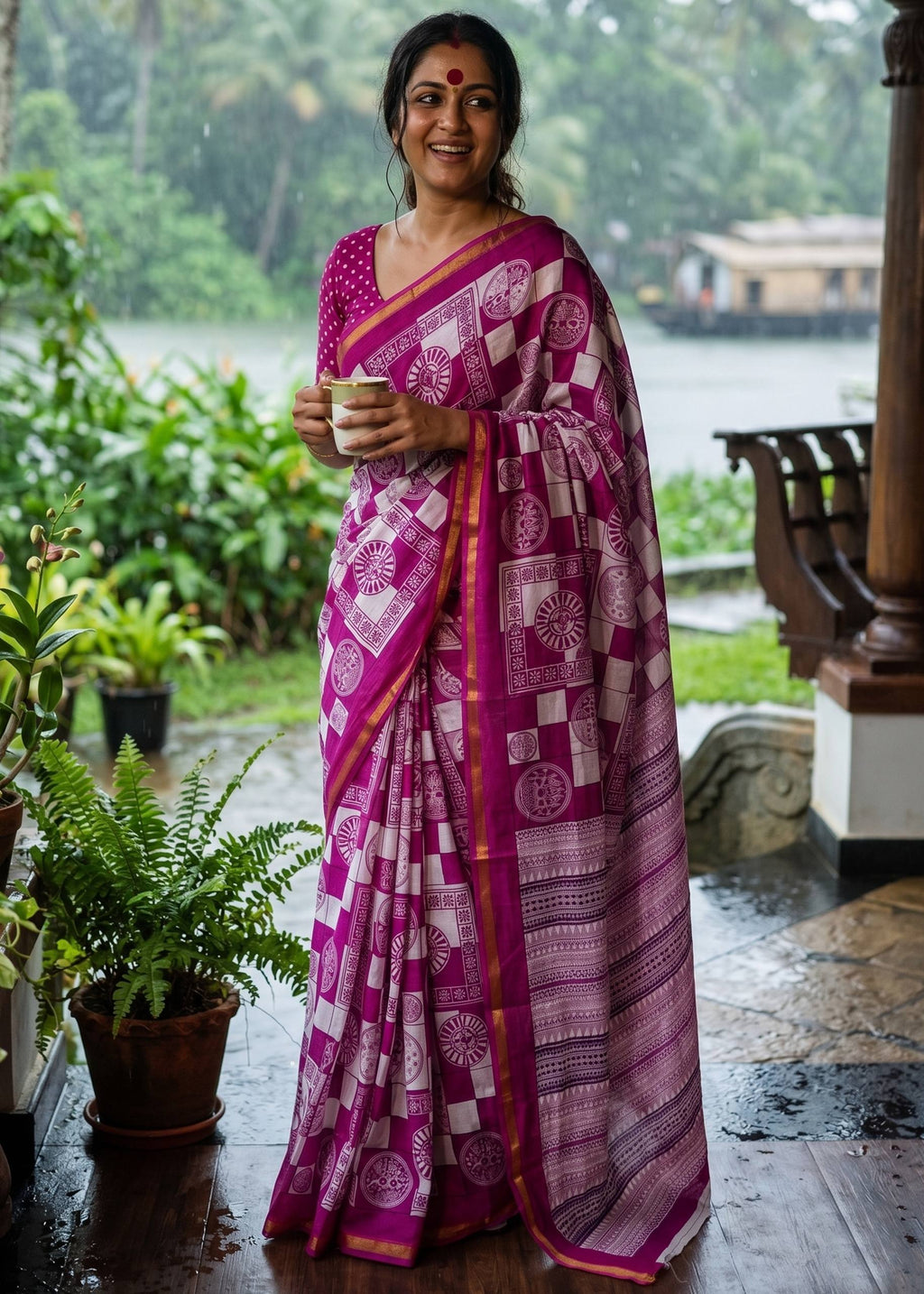 BAGRU BLOCK PRINT SOFT MASLIN COTTON ZARI BORDER MAGENTA SAREE WITH BLOUSE