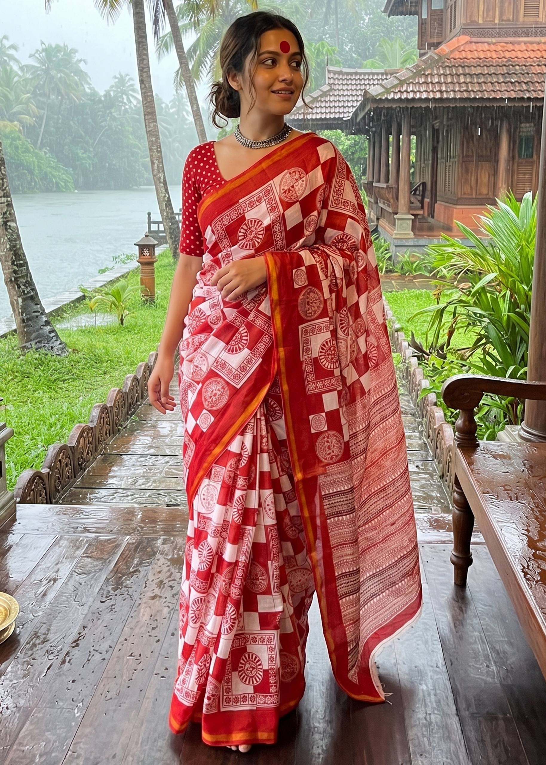 BAGRU BLOCK PRINT SOFT MASLIN COTTON ZARI BORDER RED SAREE WITH BLOUSE
