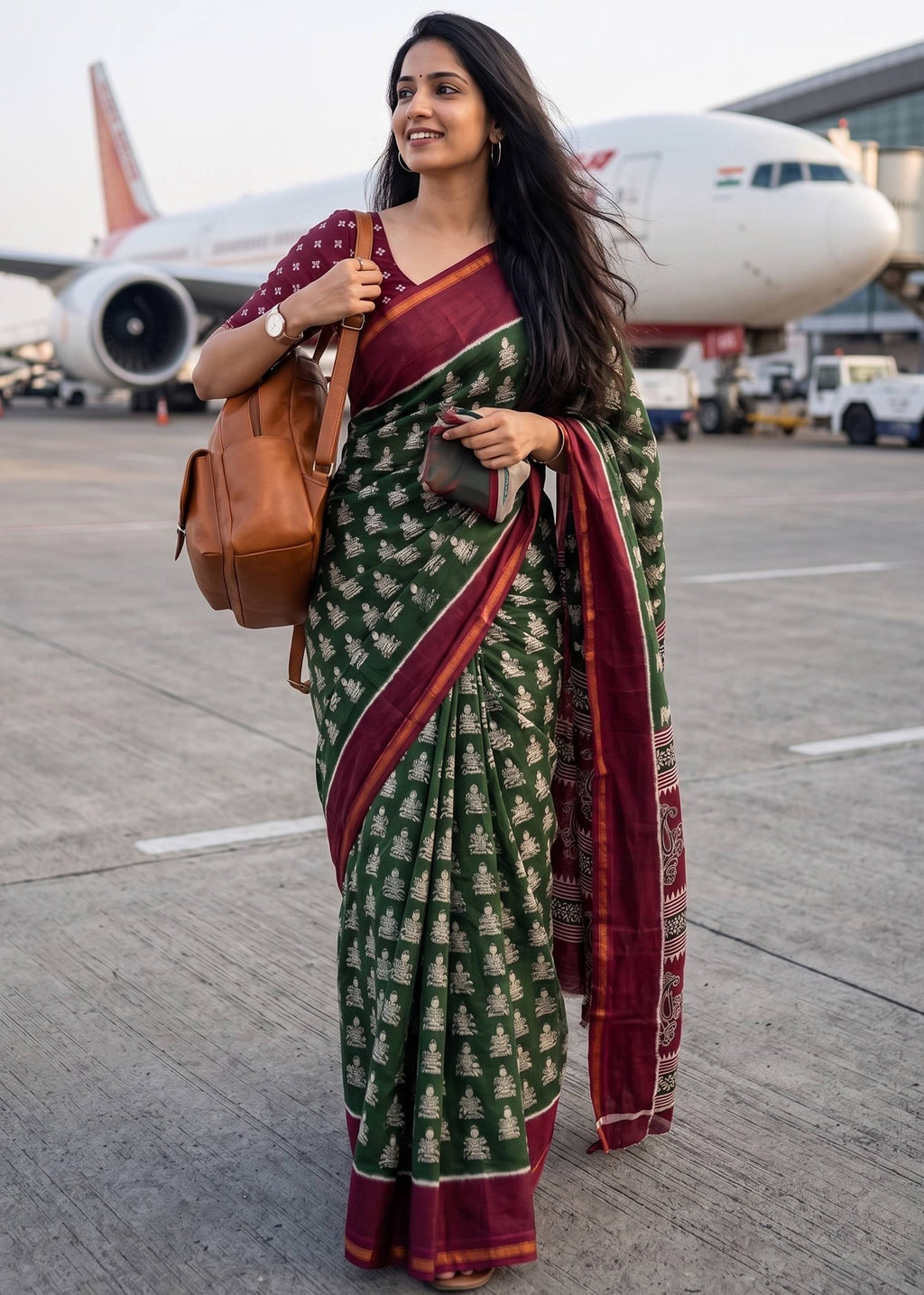 BAGRU BLOCK PRINT SOFT MASLIN COTTON ZARI BORDER MAROON SAREE WITH BLOUSE