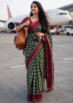 BAGRU BLOCK PRINT SOFT MASLIN COTTON ZARI BORDER MAROON SAREE WITH BLOUSE