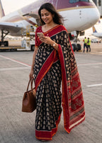 BAGRU BLOCK PRINT SOFT MASLIN COTTON ZARI BORDER RED SAREE WITH BLOUSE