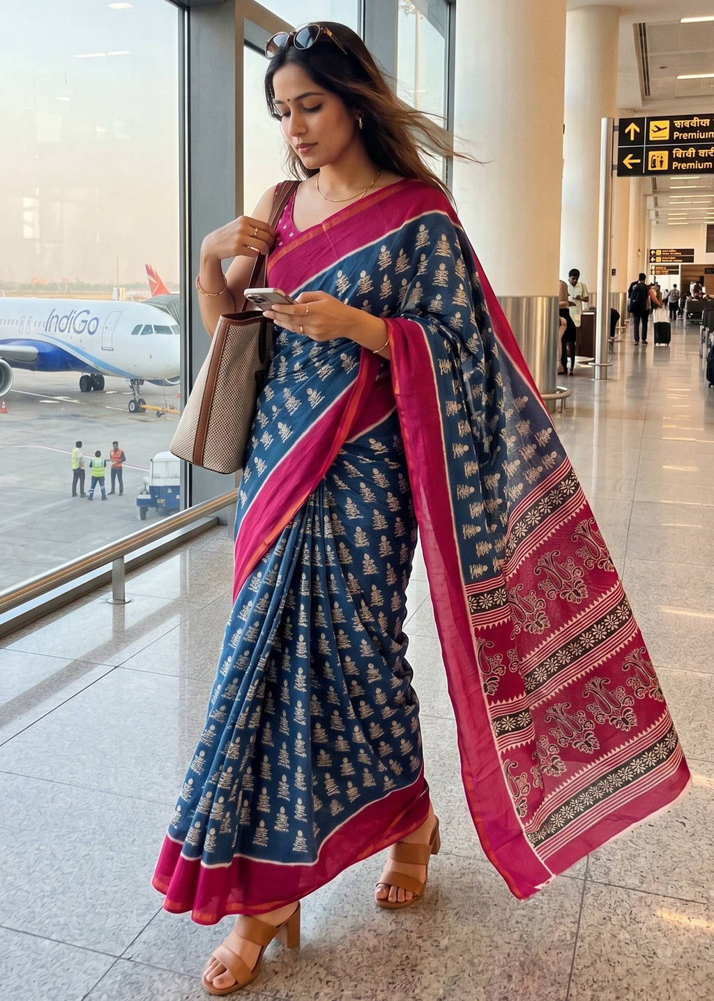 BAGRU BLOCK PRINT SOFT MASLIN COTTON ZARI BORDER PINK SAREE WITH BLOUSE