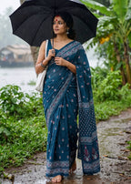 PURE SOFT COTTON BAGRU PRINT DARK TEAL SAREE WITH BLOUSE