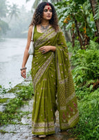 PURE SOFT COTTON BAGRU PRINT MEHANDI GREEN SAREE WITH BLOUSE