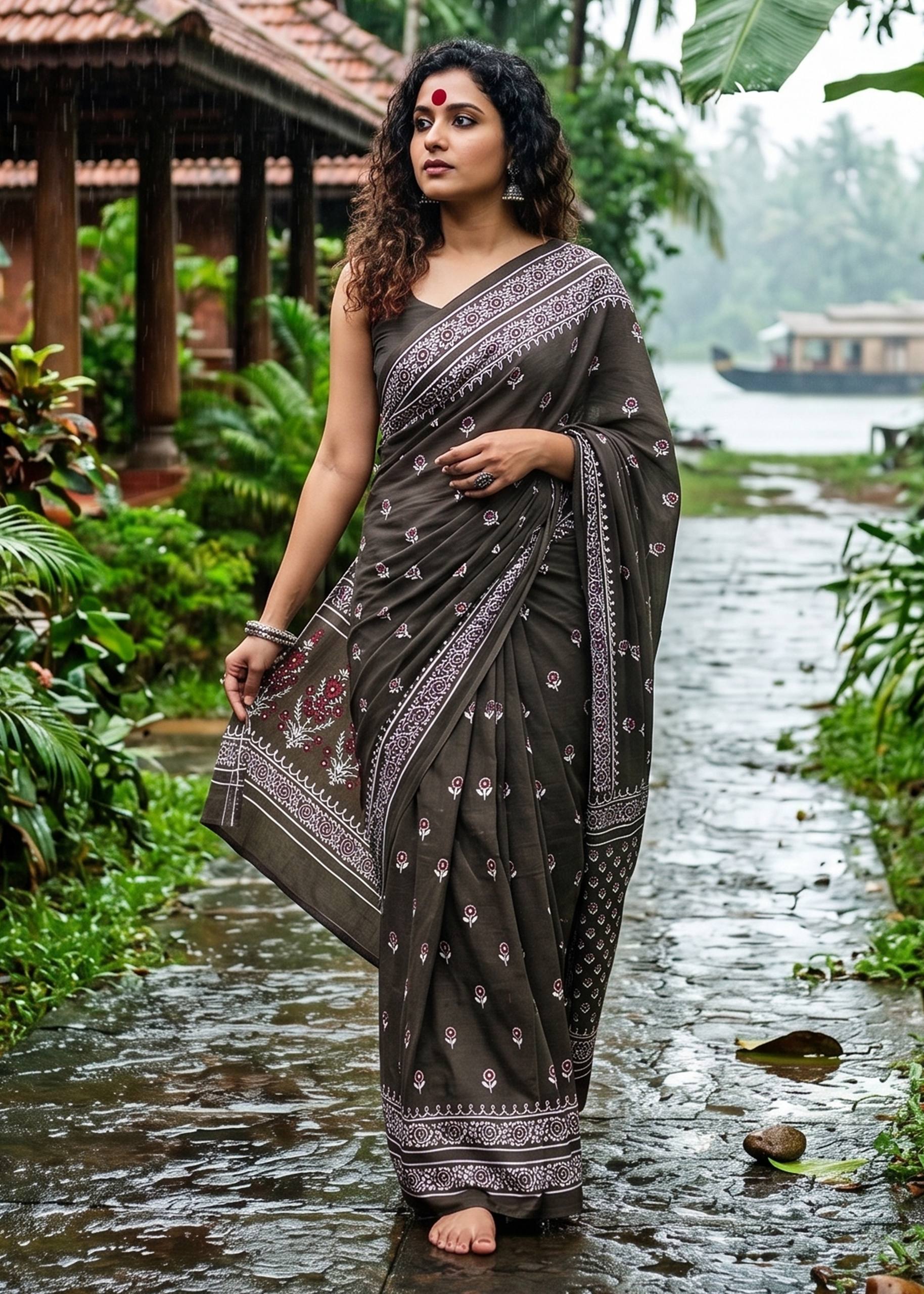 PURE SOFT COTTON BAGRU PRINT BLACK SAREE WITH BLOUSE