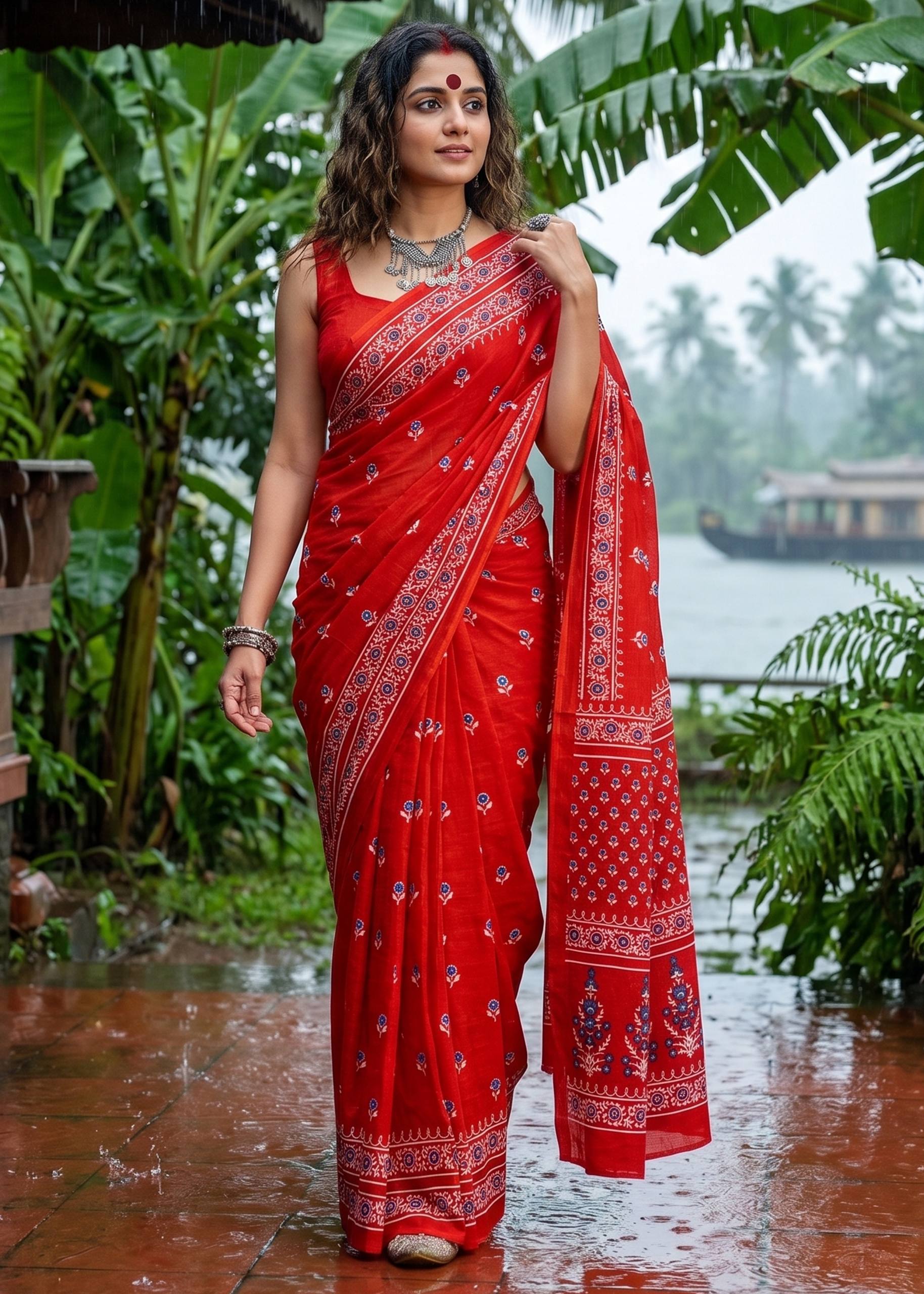 PURE SOFT COTTON BAGRU PRINT RED SAREE WITH BLOUSE