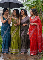 PURE SOFT COTTON BAGRU PRINT MEHANDI GREEN SAREE WITH BLOUSE