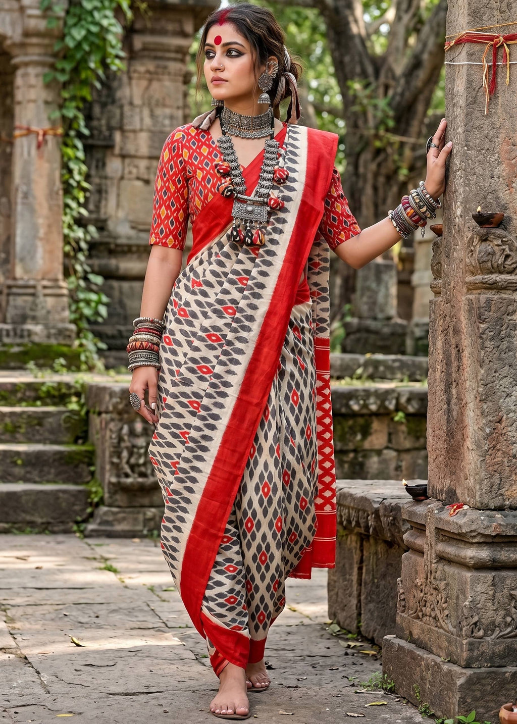 PURE MULMUL COTTON IKKAT PRINT ORANGE SAREE WITH BLOUSE