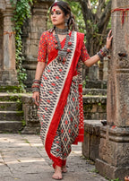 PURE MULMUL COTTON IKKAT PRINT ORANGE SAREE WITH BLOUSE