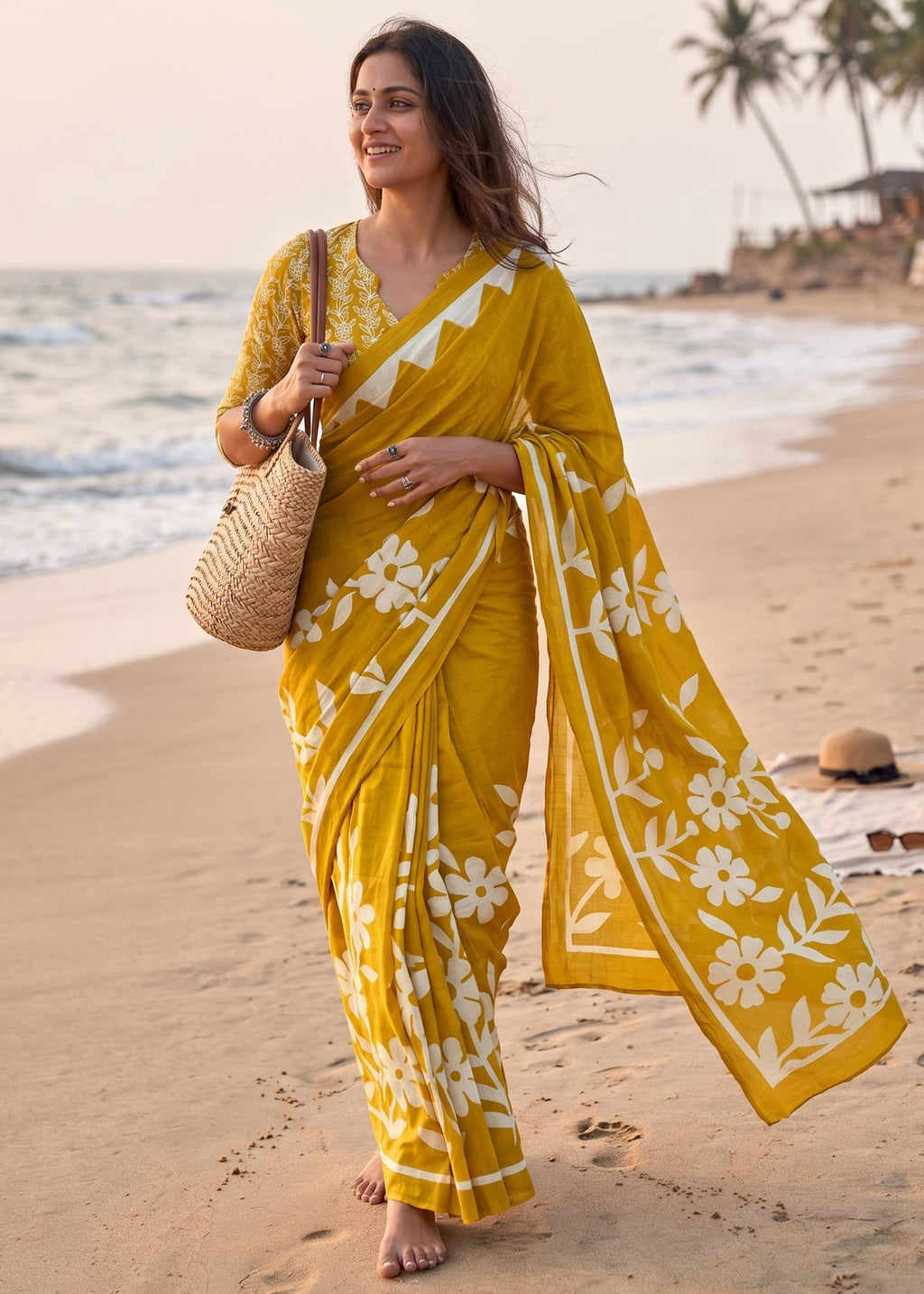 PURE MULMUL COTTON FLORAL BLOCK PRINTE MUSTARD SAREE WITH BLOUSE