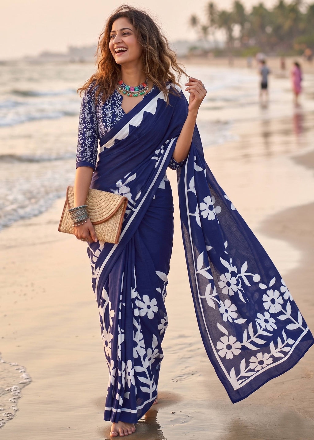 PURE MULMUL COTTON FLORAL BLOCK PRINTE BLUE SAREE WITH BLOUSE