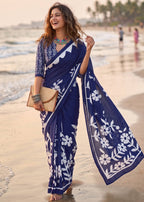 PURE MULMUL COTTON FLORAL BLOCK PRINTE BLUE SAREE WITH BLOUSE