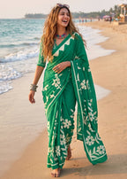 PURE MULMUL COTTON FLORAL BLOCK PRINTE GREEN SAREE WITH BLOUSE