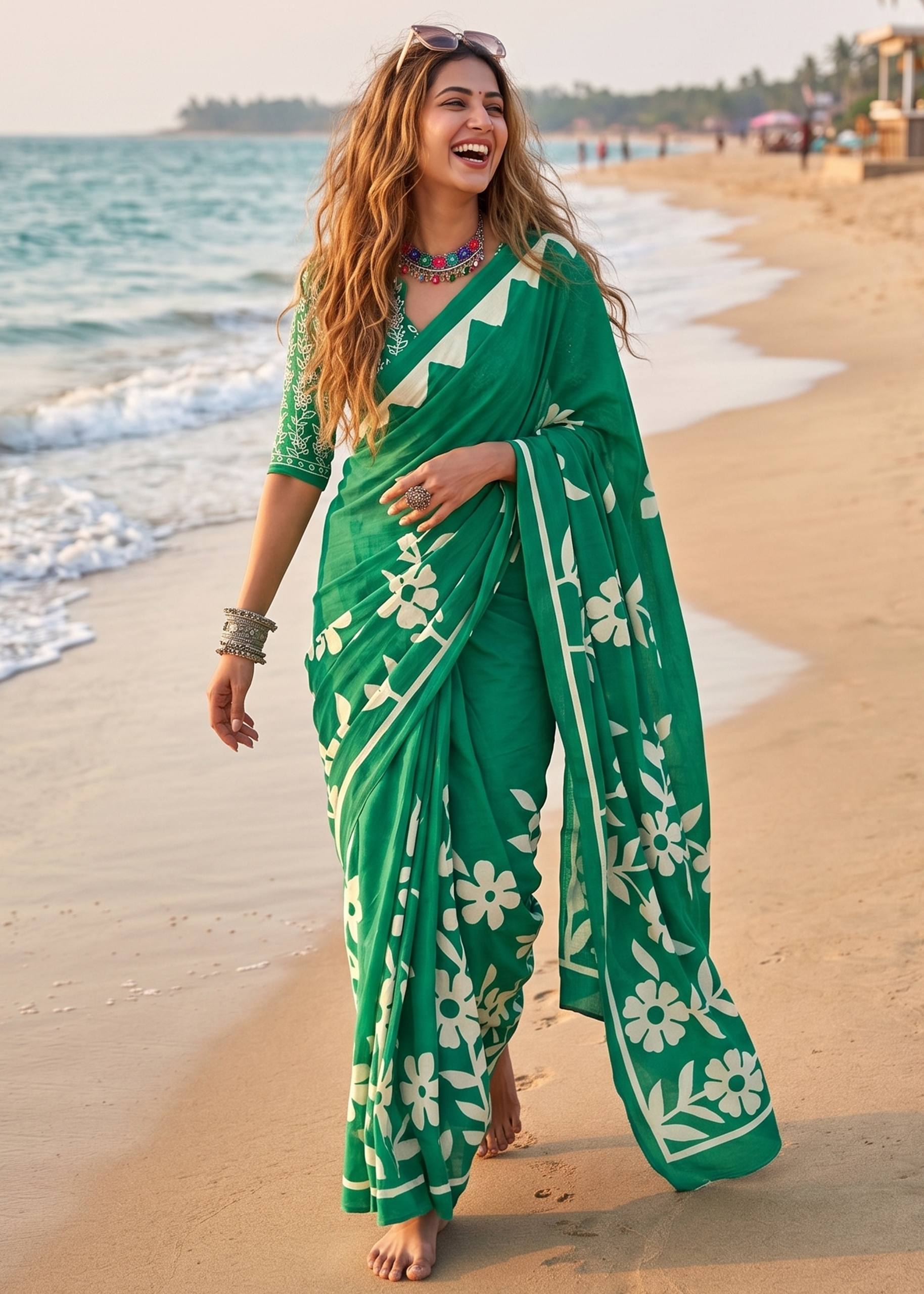 PURE MULMUL COTTON FLORAL BLOCK PRINTE GREEN SAREE WITH BLOUSE