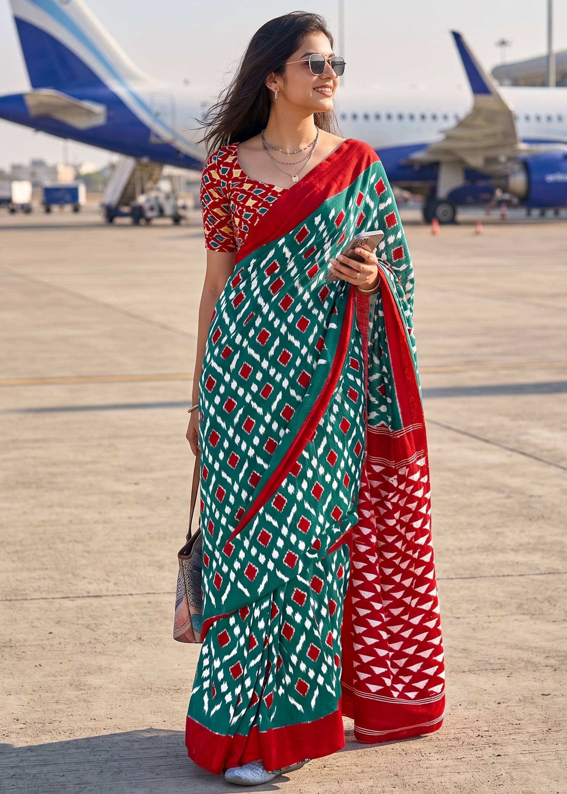 PURE MULMUL COTTON IKKAT PRINT GREEN SAREE WITH BLOUSE