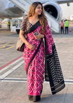 PURE MULMUL COTTON IKKAT PRINT PINK SAREE WITH BLOUSE