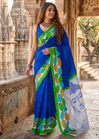 PURE MULMUL MADHUBANI HAND BLOCK PRINT BLUE SAREE WITH BLOUSE
