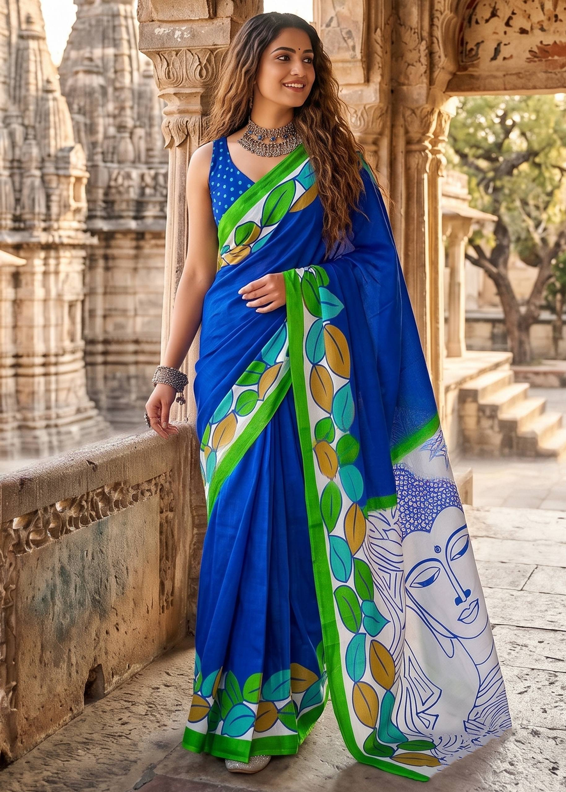 PURE MULMUL MADHUBANI HAND BLOCK PRINT BLUE SAREE WITH BLOUSE