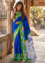 PURE MULMUL MADHUBANI HAND BLOCK PRINT BLUE SAREE WITH BLOUSE
