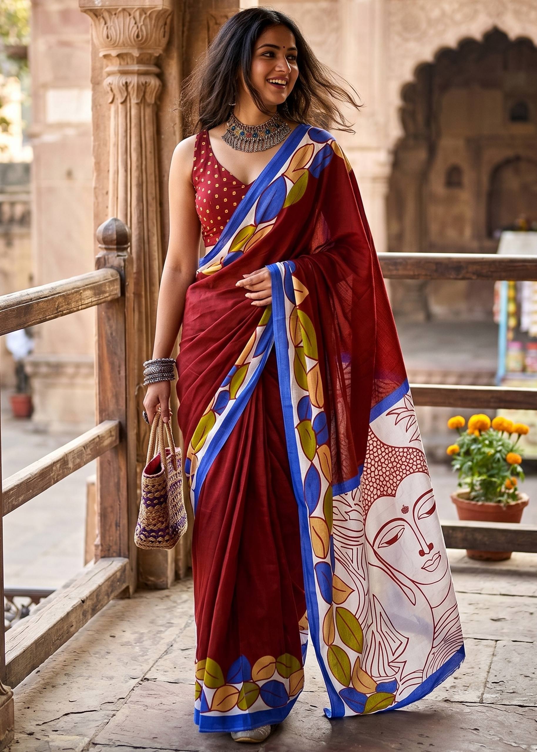 PURE MULMUL MADHUBANI HAND BLOCK PRINT MAROON SAREE WITH BLOUSE