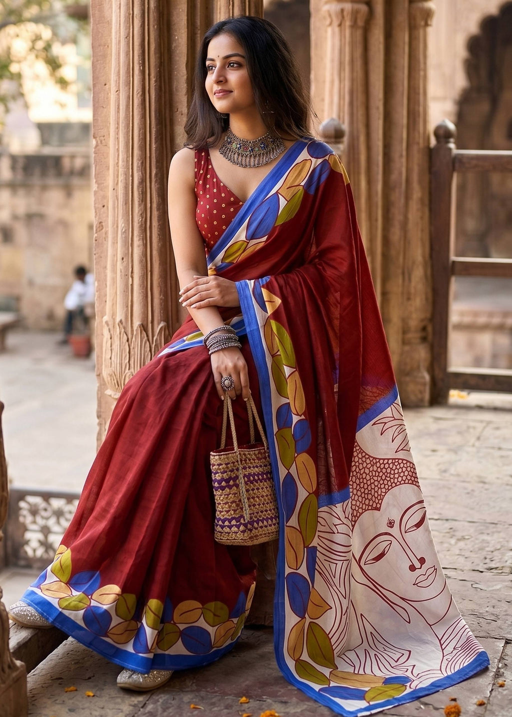 PURE MULMUL MADHUBANI HAND BLOCK PRINT MAROON SAREE WITH BLOUSE