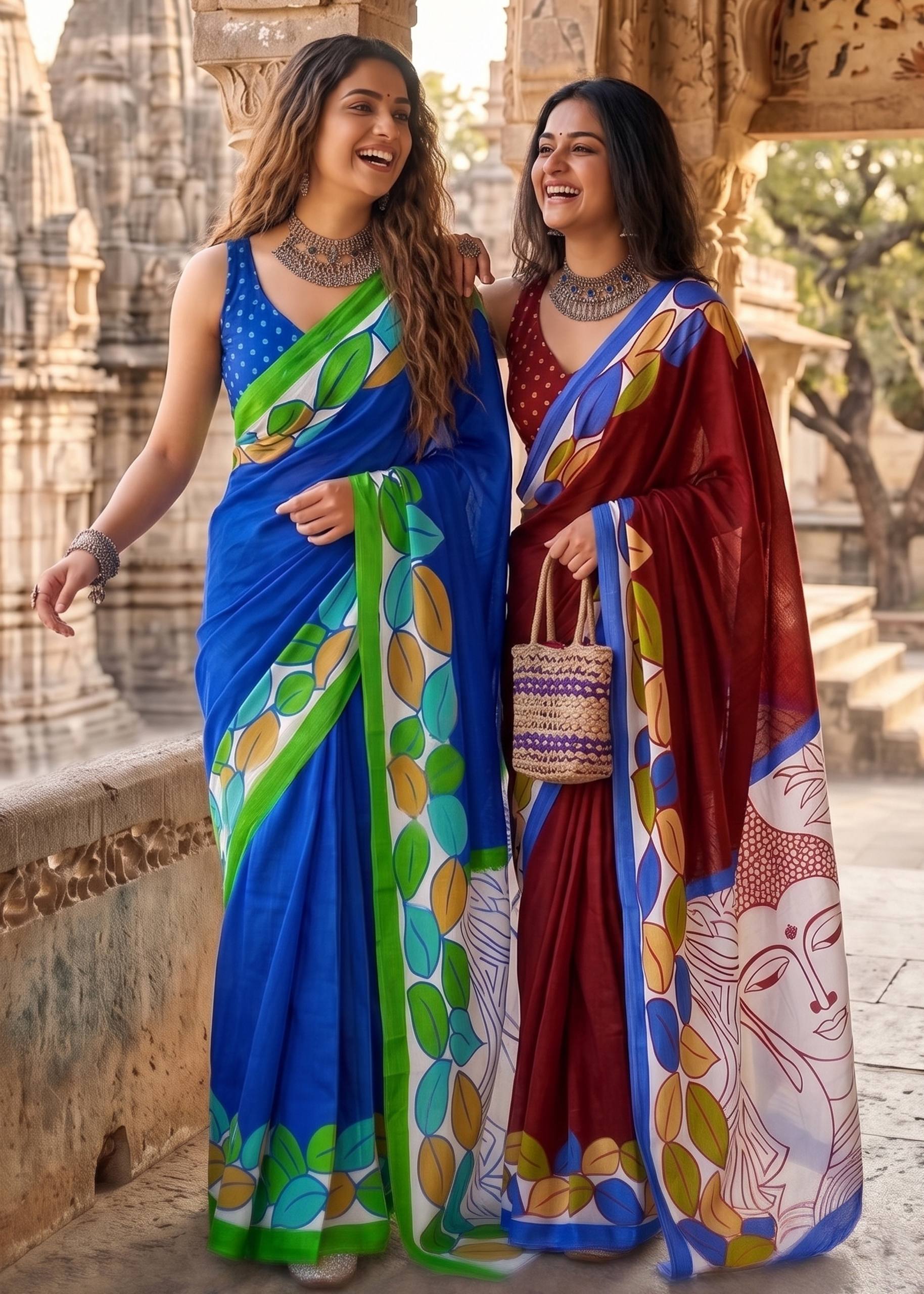 PURE MULMUL MADHUBANI HAND BLOCK PRINT BLUE SAREE WITH BLOUSE