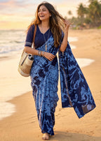 PURE MULMUL COTTON HAND BLOCK PRINT BLUE SAREE WITH BLOUSE