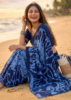 PURE MULMUL COTTON HAND BLOCK PRINT BLUE SAREE WITH BLOUSE
