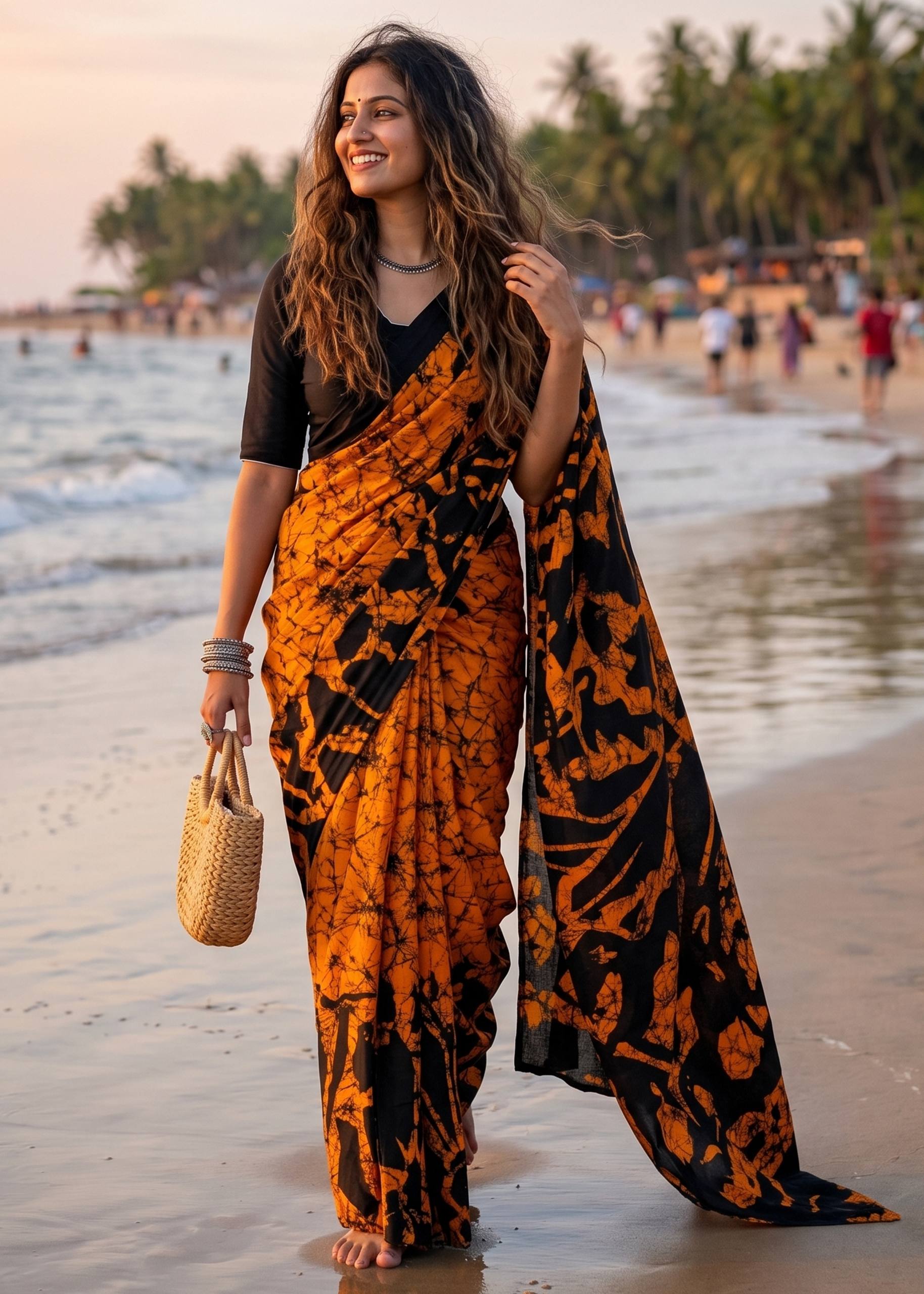 PURE MULMUL COTTON HAND BLOCK PRINT ORANGE SAREE WITH BLOUSE