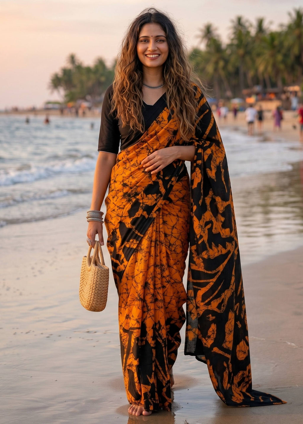 PURE MULMUL COTTON HAND BLOCK PRINT ORANGE SAREE WITH BLOUSE
