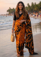 PURE MULMUL COTTON HAND BLOCK PRINT ORANGE SAREE WITH BLOUSE