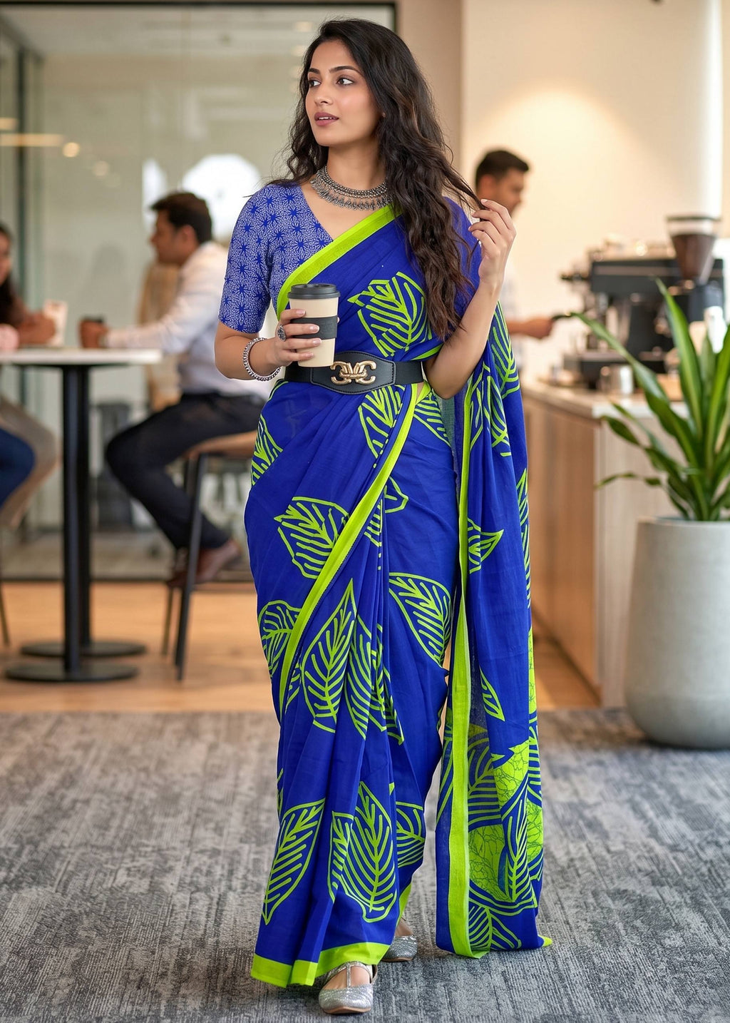 PURE MULMUL MORDAN HAND BLOCK PRINT BLUE SAREE WITH BLOUSE