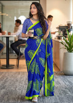 PURE MULMUL MORDAN HAND BLOCK PRINT BLUE SAREE WITH BLOUSE