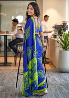 PURE MULMUL MORDAN HAND BLOCK PRINT BLUE SAREE WITH BLOUSE