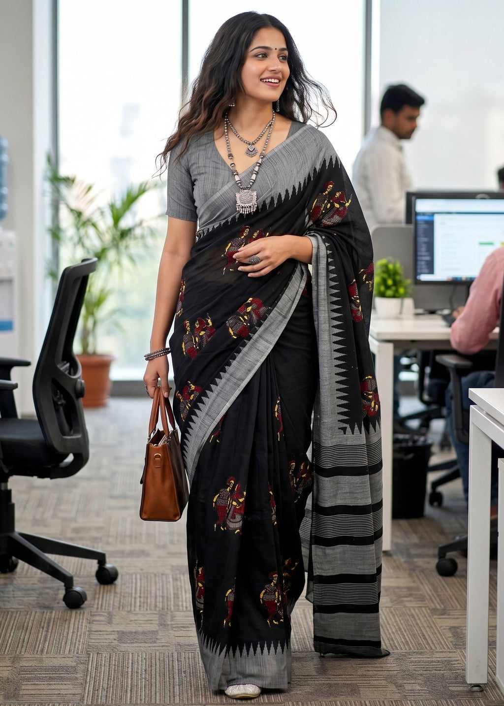 PURE SOFT MULMUL COTTON KALAMKARI HAND BLOCK PRINTE BLACK SAREE WITH BLOUSE