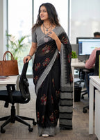 PURE SOFT MULMUL COTTON KALAMKARI HAND BLOCK PRINTE BLACK SAREE WITH BLOUSE