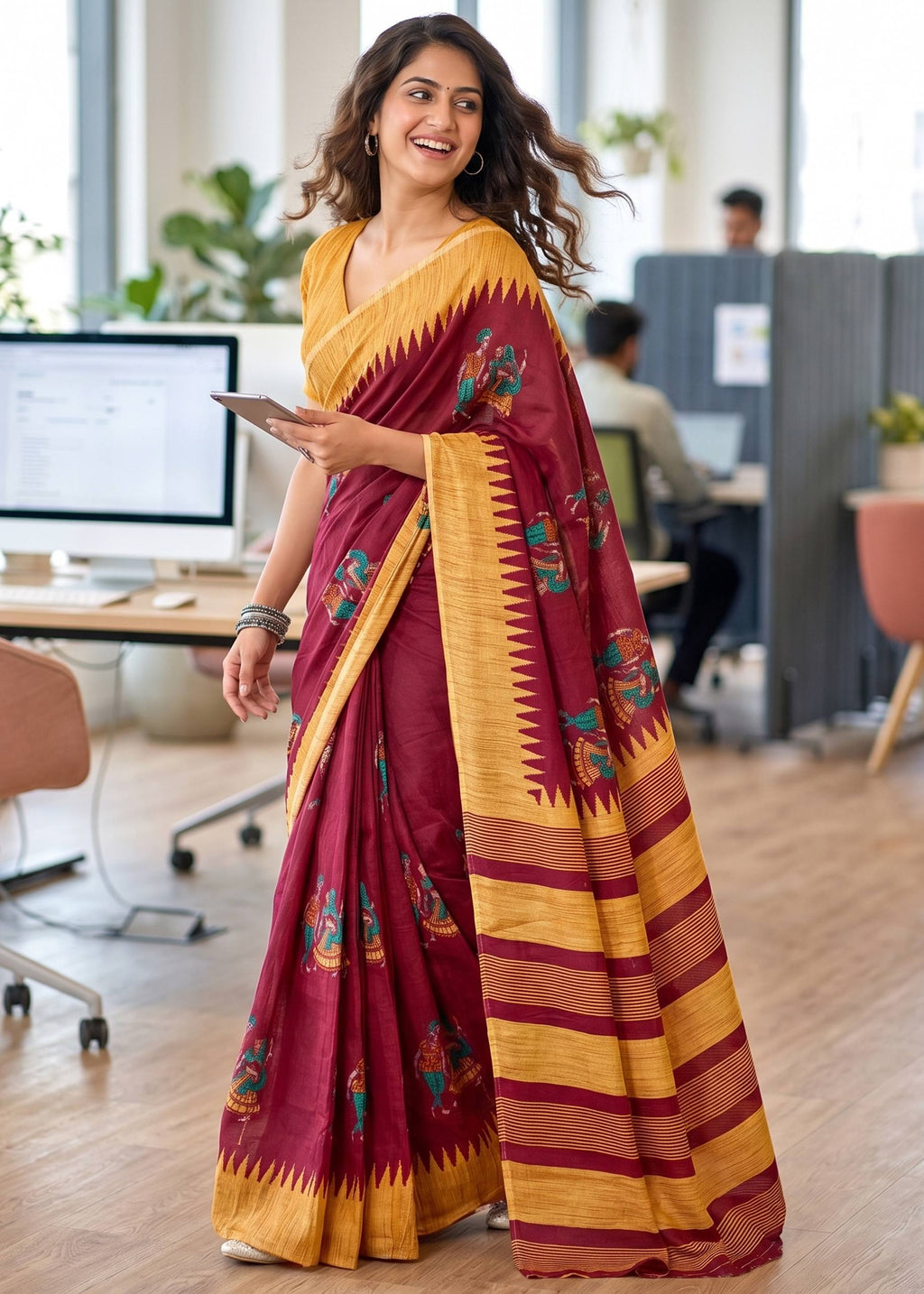 PURE SOFT MULMUL COTTON KALAMKARI HAND BLOCK PRINTE MAROON SAREE WITH BLOUSE