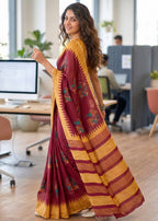 PURE SOFT MULMUL COTTON KALAMKARI HAND BLOCK PRINTE MAROON SAREE WITH BLOUSE